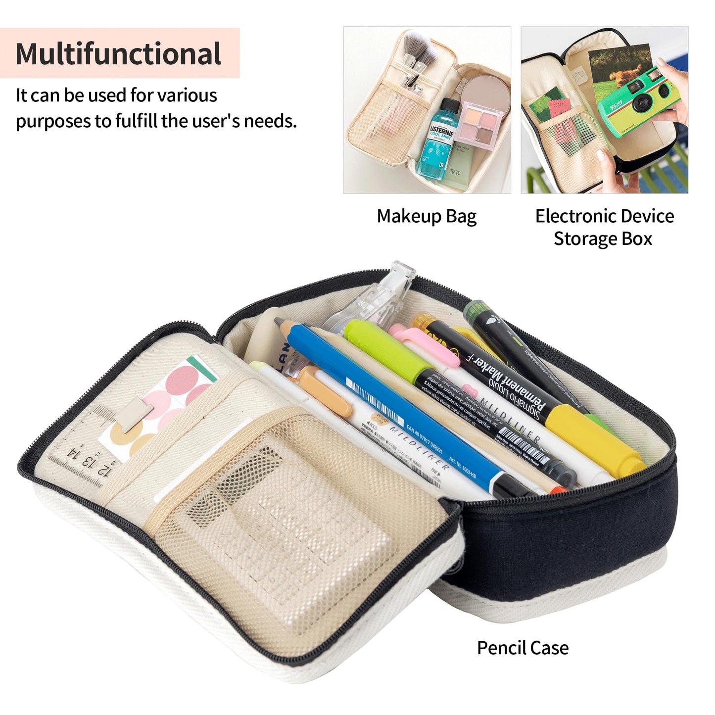 brunch brother Poodle Black Pencil Case with Ample Storage, Embroidery Design Pencil Pouch for Students, Simple Design Stationery Organizer