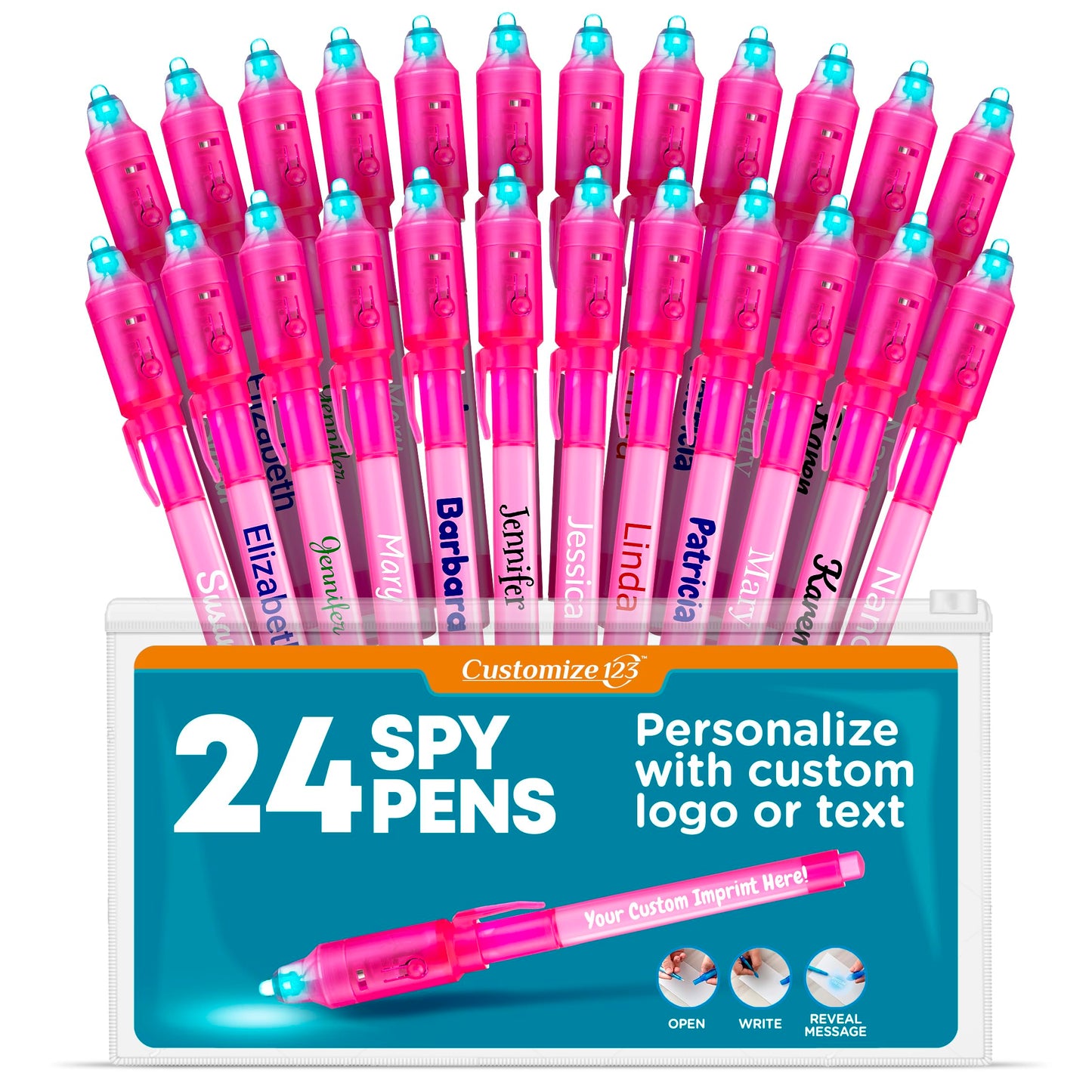 Personalized Invisible Disappearing Ink Pen Marker, Custom Secret Spy Message Writer with UV Light, Fun Activity Entertainment for Kid Party Favors Ideas Gifts and Stock Stuffers, 24 Pack, Pink