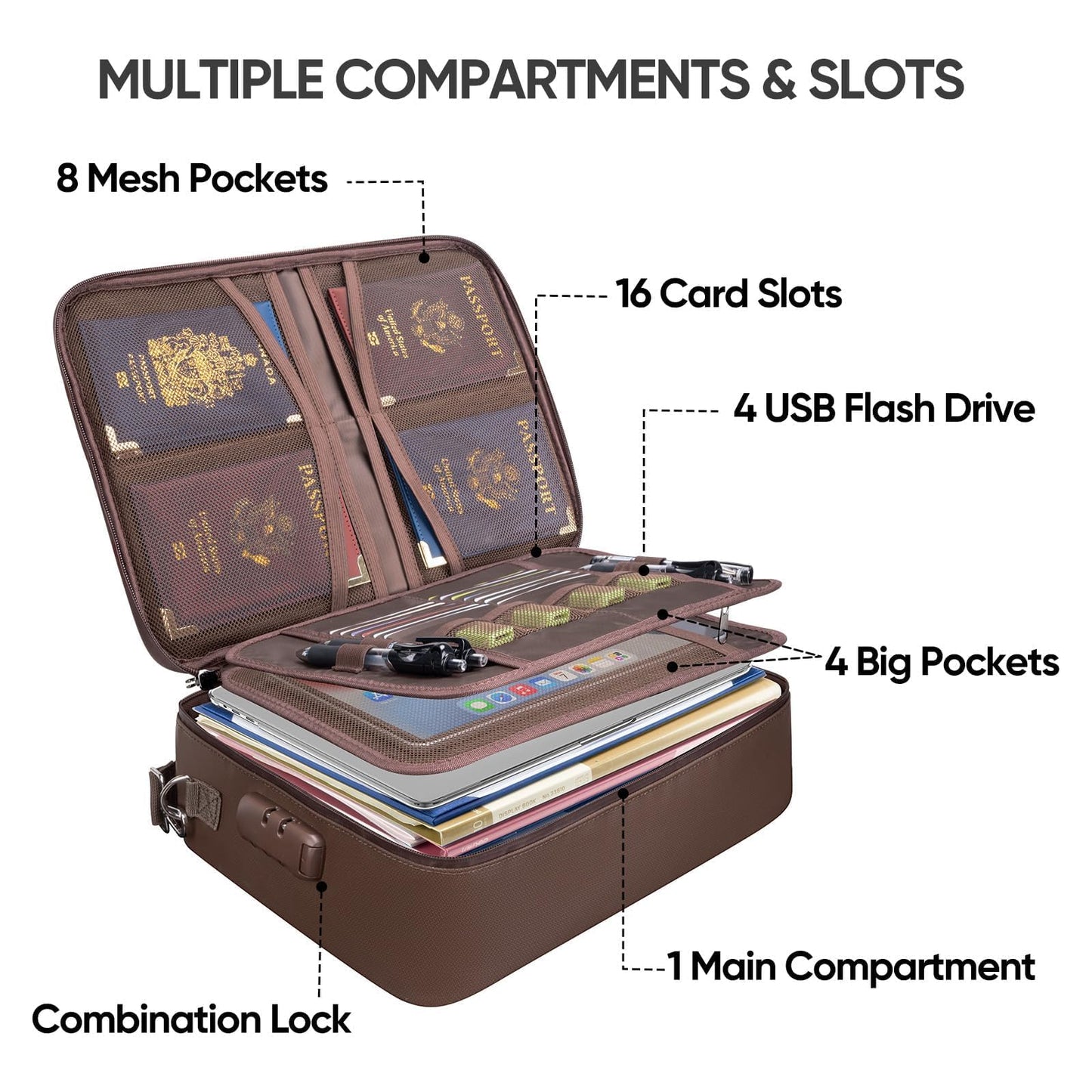 BALEINE Fireproof Document Box with Lock, Portable Fireproof Document Bag Waterproof Fire Proof File Boxes for Documents, File Organizer Box for Important Paperwork (Brown, 15''x11''x4'')