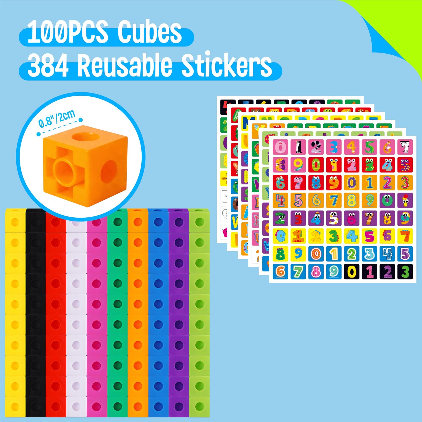 100 Math Linking Cubes, Math Cubes with 384 Reusable Stickers-Letters, Numbers, Shapes, Manipulative Geometric Connecting and Counting Blocks, Educational Toy for Kids Math Learning and Fun Activities