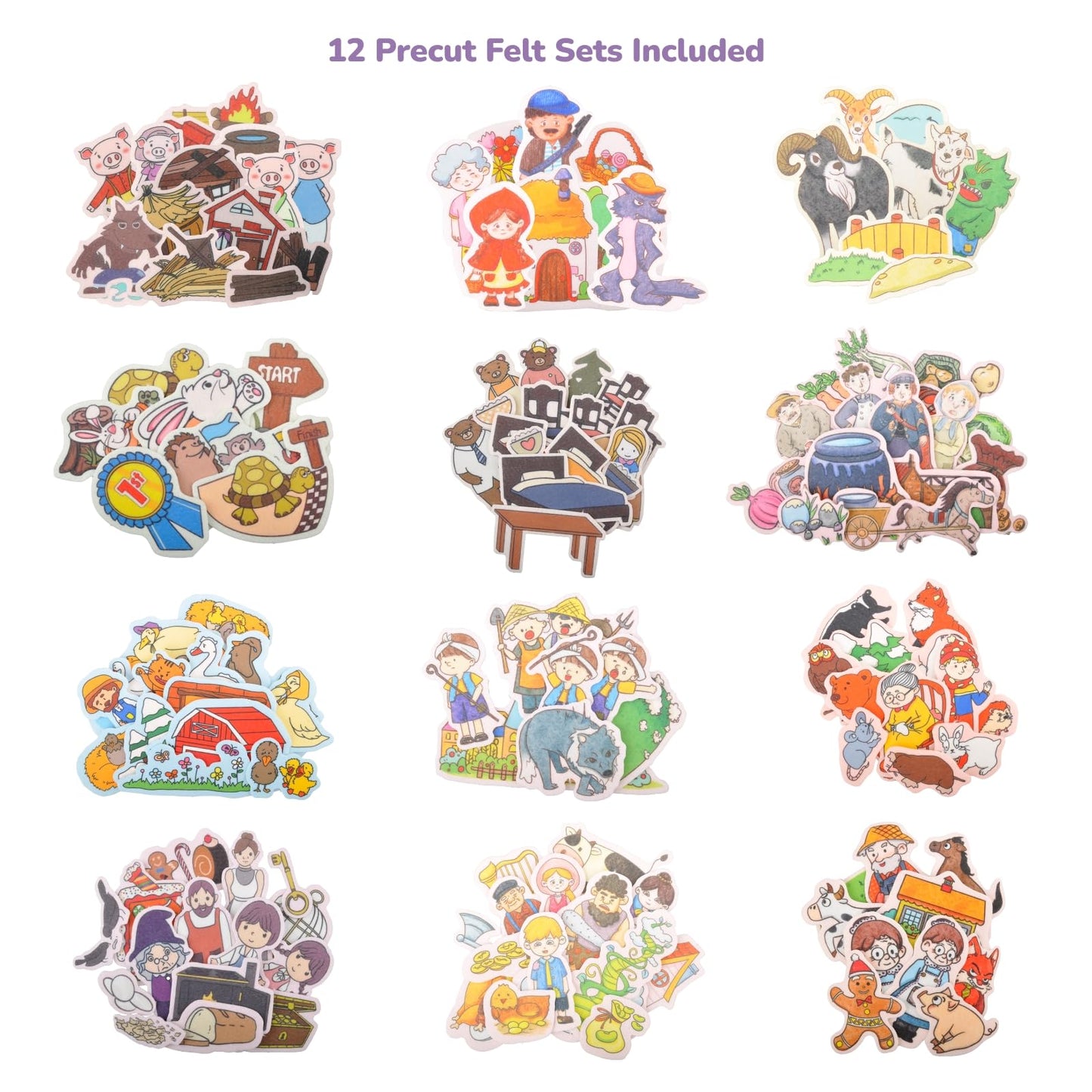 CHEFAN 12 Pack Felt Board Stories Set,Fairy-Tales Flannel Board Stories with a Foldable Board for Preschool Activities,Included Three Little Pigs,Little Red Riding Hood and The Mitten