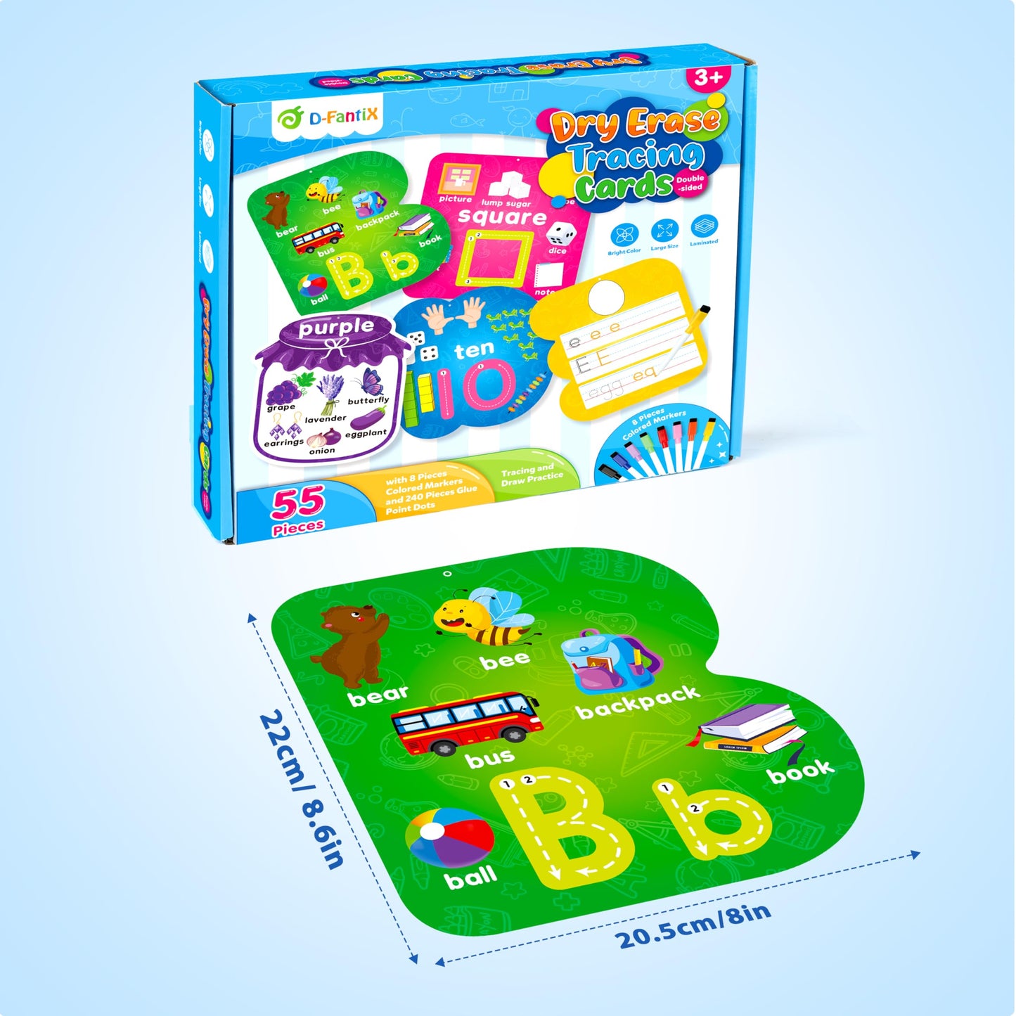 D-FantiX 55 Pcs Dry Erase Number & Alphabet Flash Cards for Toddlers, Double Sided Write and Wipe Educational Preschool Flashcards, Number Colors Shapes Letters Tracing Handwriting Practice for Kids