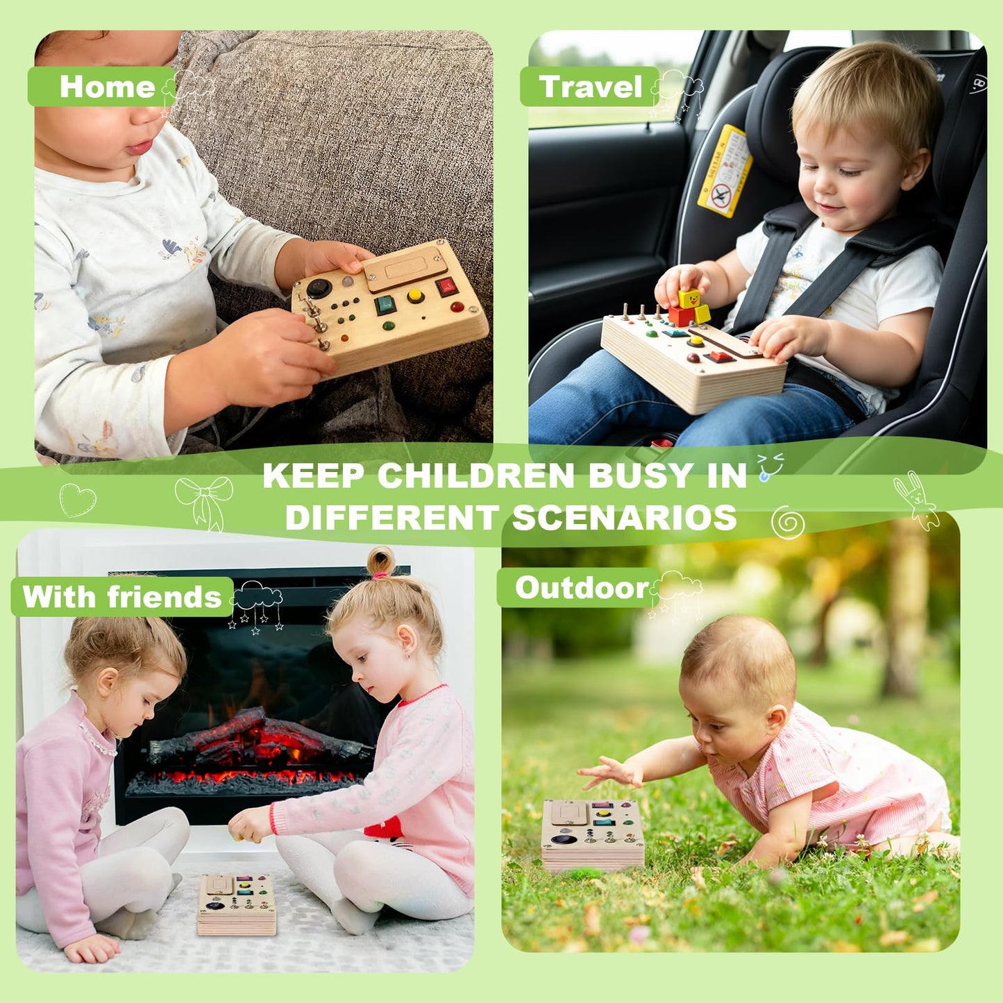 Espamig Busy Board Toddler Montessori Led Light Switch Busy Board Autism Sensory Wall Panel Fidget Board Wooden Toys for Toddlers 1-3