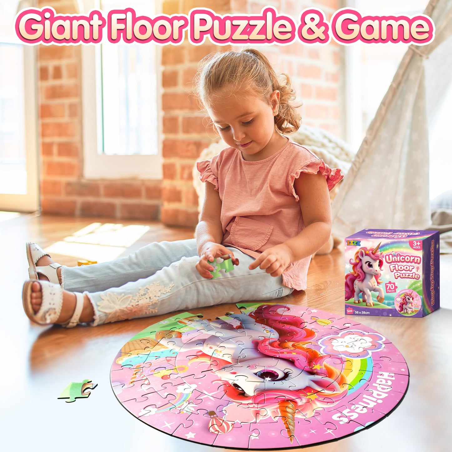 ZIZZ Unicorn Toy for Girls Kids - Best 70 Pieces Unicorn Floor Puzzle for Kids Age 3 4 5 6 7 8 Years Old Girls Learning & Educational Toys Toddlers Gifts for Birthday Easter Basket Stuffers Activity