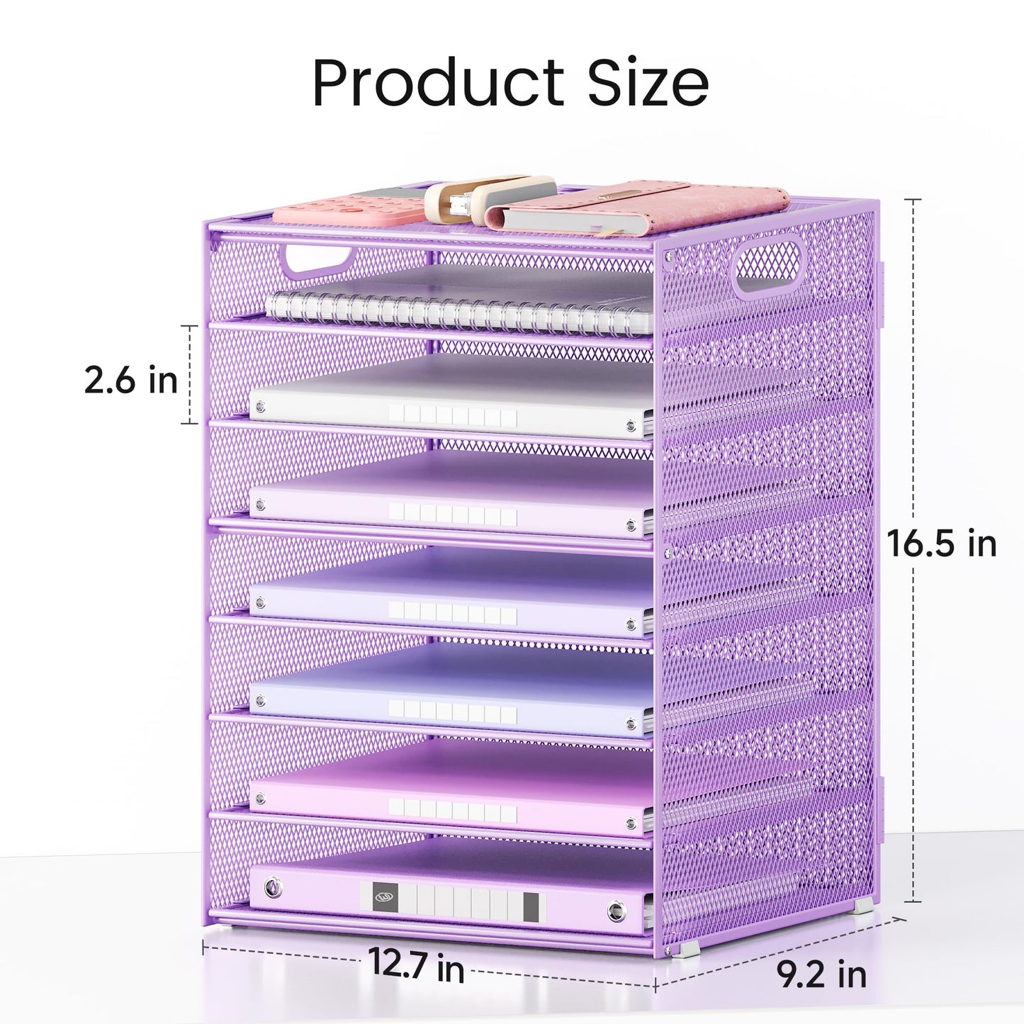 Lavatino 2 Pack 8-Tier Office Desk File Organizer, Letter Tray Paper Organizer with Handle, Including 5 Adjustable Slide Trays for Organizing Desk Workspace Accessories and Supplies (Purple Mesh)