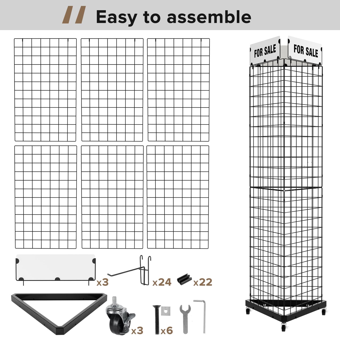 Urban Deco Triangular Grid Wall Panels for Vendor Booth - Gridwall Display Stand with Accessory 24 Hooks, 1 Set Display Racks for Vendor Events (Black)