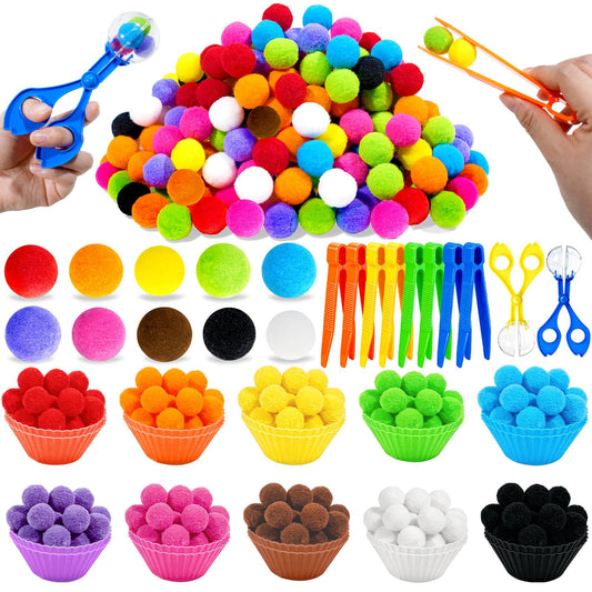 Bbiamsleep 180 Pcs Fine Motor Skills Set, Sensory Bin Filler Sensory Bin Items Handy Scooper Set Includes Colorful Pom Poms Sorting Bowls Tweezers Scissors Clips for Counting Sorting Training