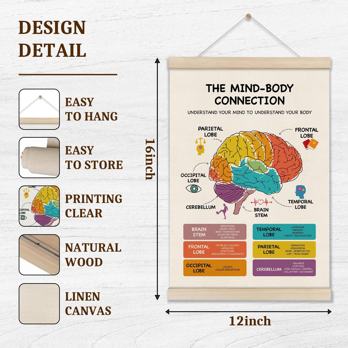 Mental Health Poster Hanger Frame, Brain Anatomy Posters, Therapy Office Decor, School Counselor Office Decor, Mind Body Connection Artwork for School 16x12 Inch, Stress Management Canvas Wall Art