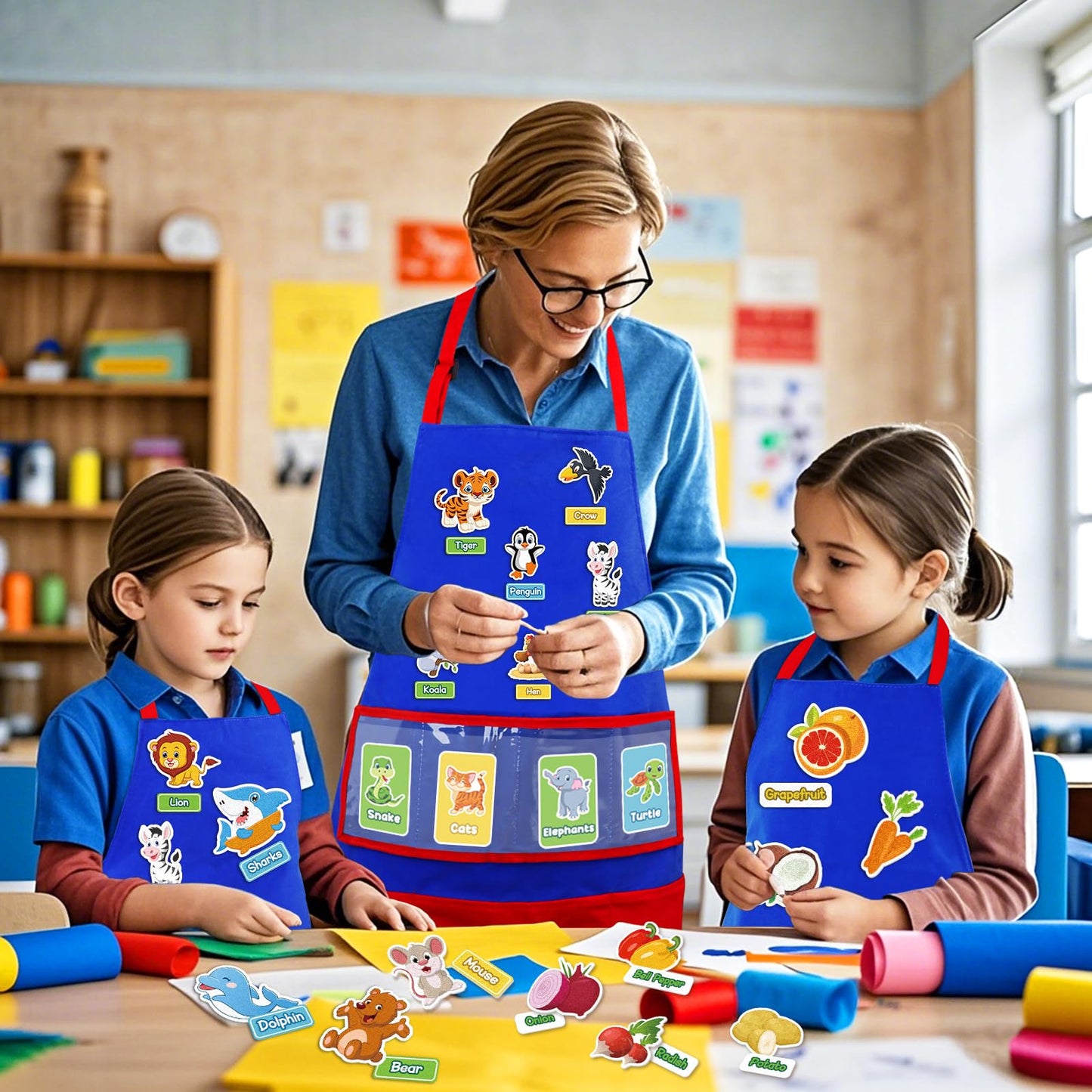 AKAYOK Felt Aprons for Autism - 3 Pocket Educational Storytelling Apron for Preschool, Autism, Classroom, and Homeschooling - Durable, Washable, and Interactive Learning Tool