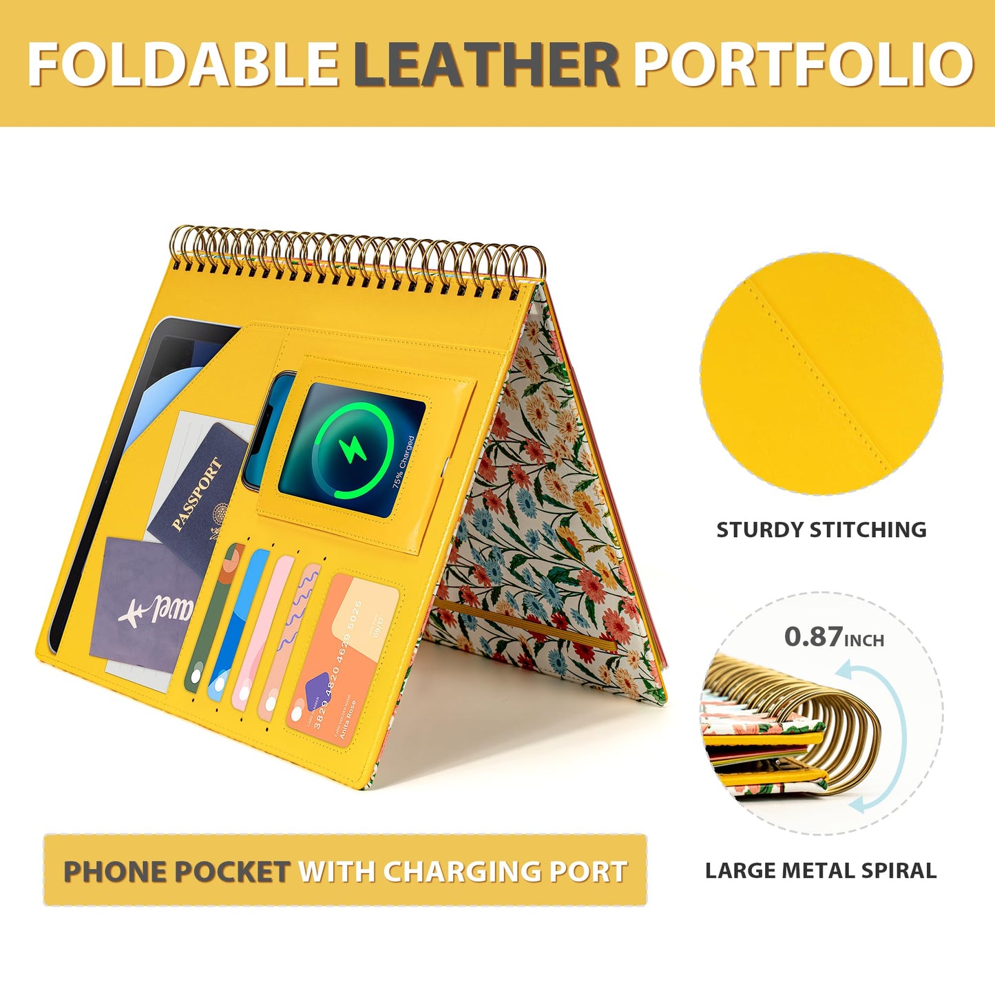 Ospelelf Clipboard with Storage for Men Women, Leather Padfolio Portfolio Organizer 5 Folders with 10 Pockets, Spiral Clipboard Folio with Notepad for Letter Size, Elastic Closure and Pen Loop Floral
