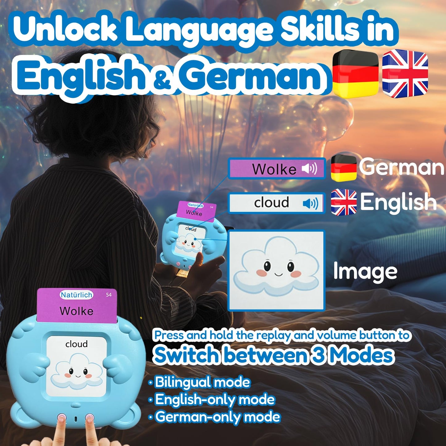 MoLingvora Bilingual Talking Flash Cards for Kids - Deutsch German English Flashcards Children Adults, 510 Sight Words, ABC Alphabet, Pocket Speech for Toddlers, Audible Sensory Toys (German, Blue)