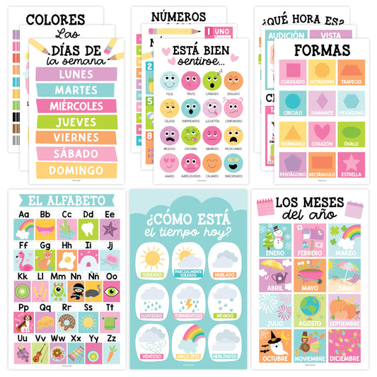 Hadley Designs Spanish Posters for Classroom - 12 Bilingual Educational Posters for Spanish Classroom Decorations Must Haves, Calendario y Alfabeto en Español Para la Pared, Colorful Teacher Supplies