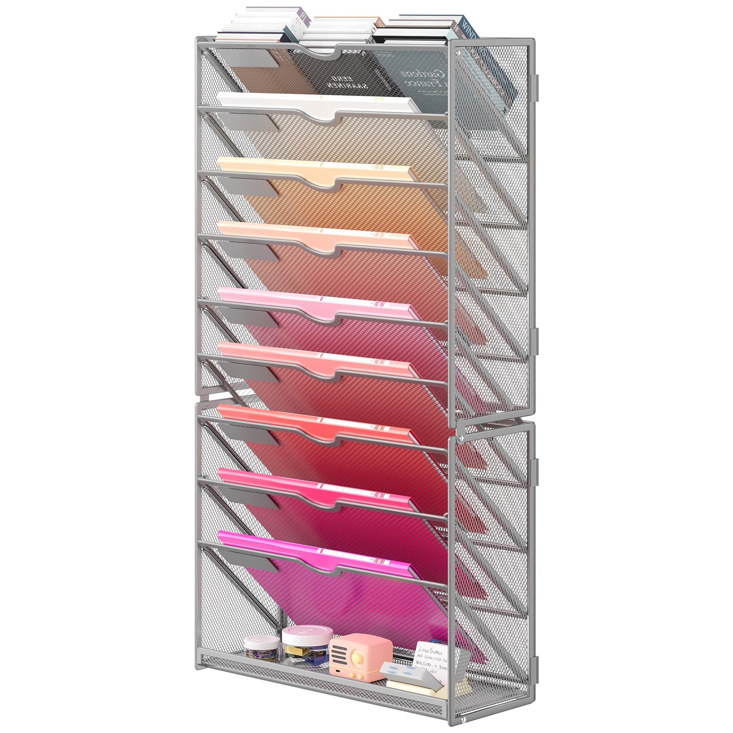Lavatino 10-Tier Hanging Wall File Folders Organizer - Silver Metal Mesh Paper Magazine Document Mail Holder File Organizer for Office School Home Wall Mount or Desk Supplies Organization
