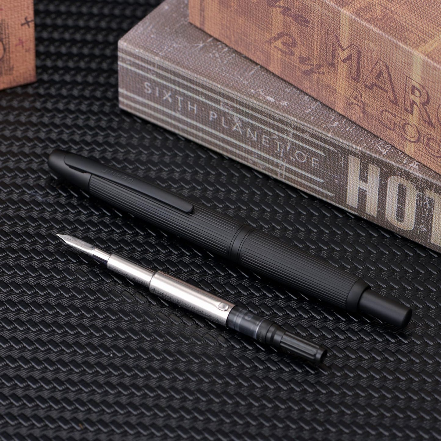 Jinhao 10 Press Fountain Pen with Box, Matt Black Chromium Retractable Extra Fine Nib with Ink Converter Set (Clip Version)
