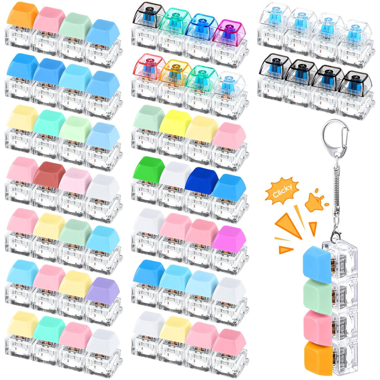 Halloscume 16 Pcs Click Sound Keyboard Adult Fidget Clicker Toy 4-in-1 Keyboard Fidget Keychain Cube Mechanical Key Button Clicker Stress Relief Gift for Office School Home to Pass the Time