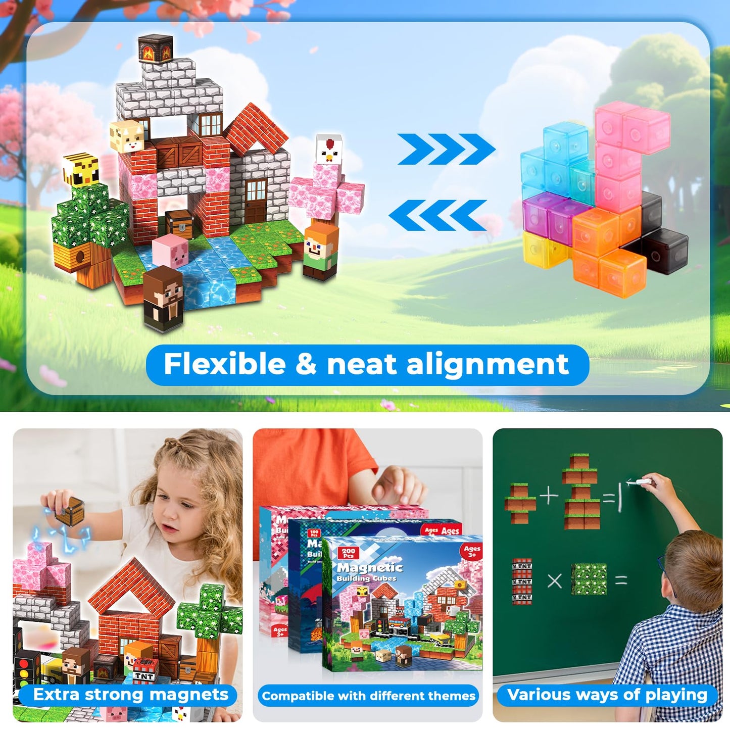 200 PCS Magnetic Blocks - Magnetic Building Blocks Cubes, Magnet Toys for Kids Age 3+, Toy Building Set for Kids, Magnets Stacking Construction Birthday Gifts for Boys Girls Age 4-8, 8-12
