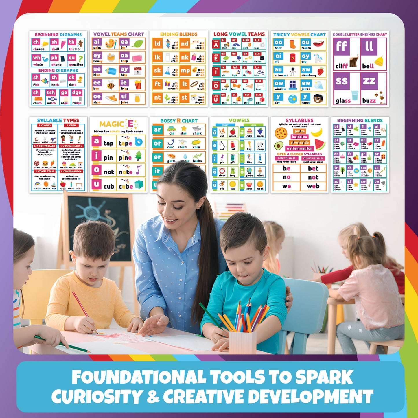 Sproutbrite 12 Pack (12"x16") Educational Poster Bundle for Toddlers Phonics Vowels Poster Language Arts Charts for Preschool, Homeschool Motivation - Inspired Learning Charts that Helps Toddlers Understand Vowel Sounds and Syllable Patterns Easily