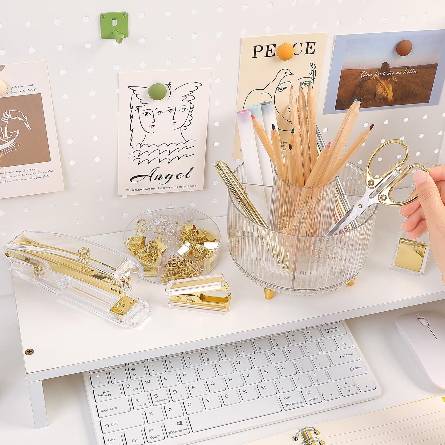 SKYDUE Gold Office Supplies Set, Pencil Holder for Desk,Gel Pen, Stapler, Tape Dispenser, Scissors,Clips and 1000pcs Staples, Office Decor for Women, Gold Desk Accessories