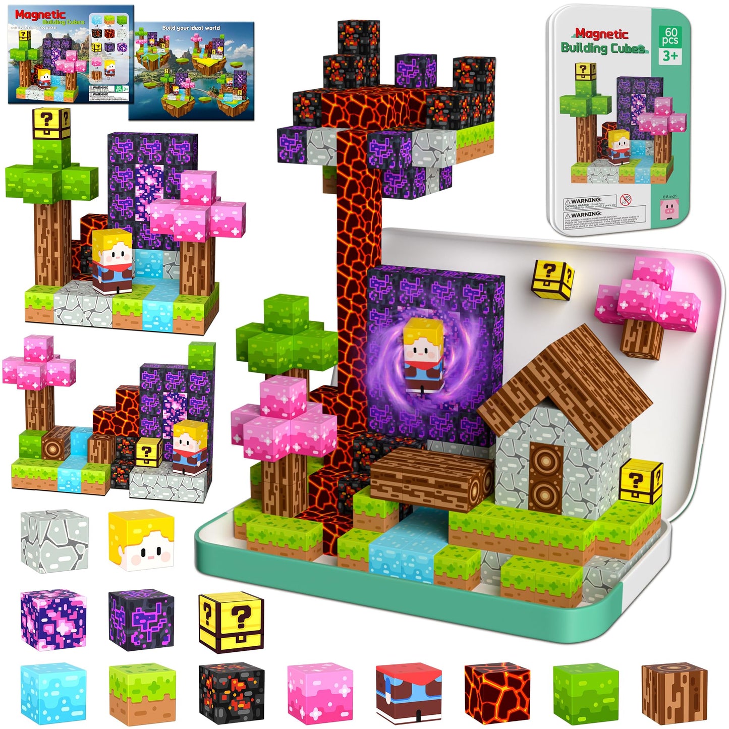 OUGUI 60PCS Mini Magnetic Blocks Travel Toys for Kids Ages 4-8: Magnet Building Blocks Magnetic Cubes with Iron Box STEM Educational Building Toys Christmas Birthday Gift for Boys Girls Toddlers Kids