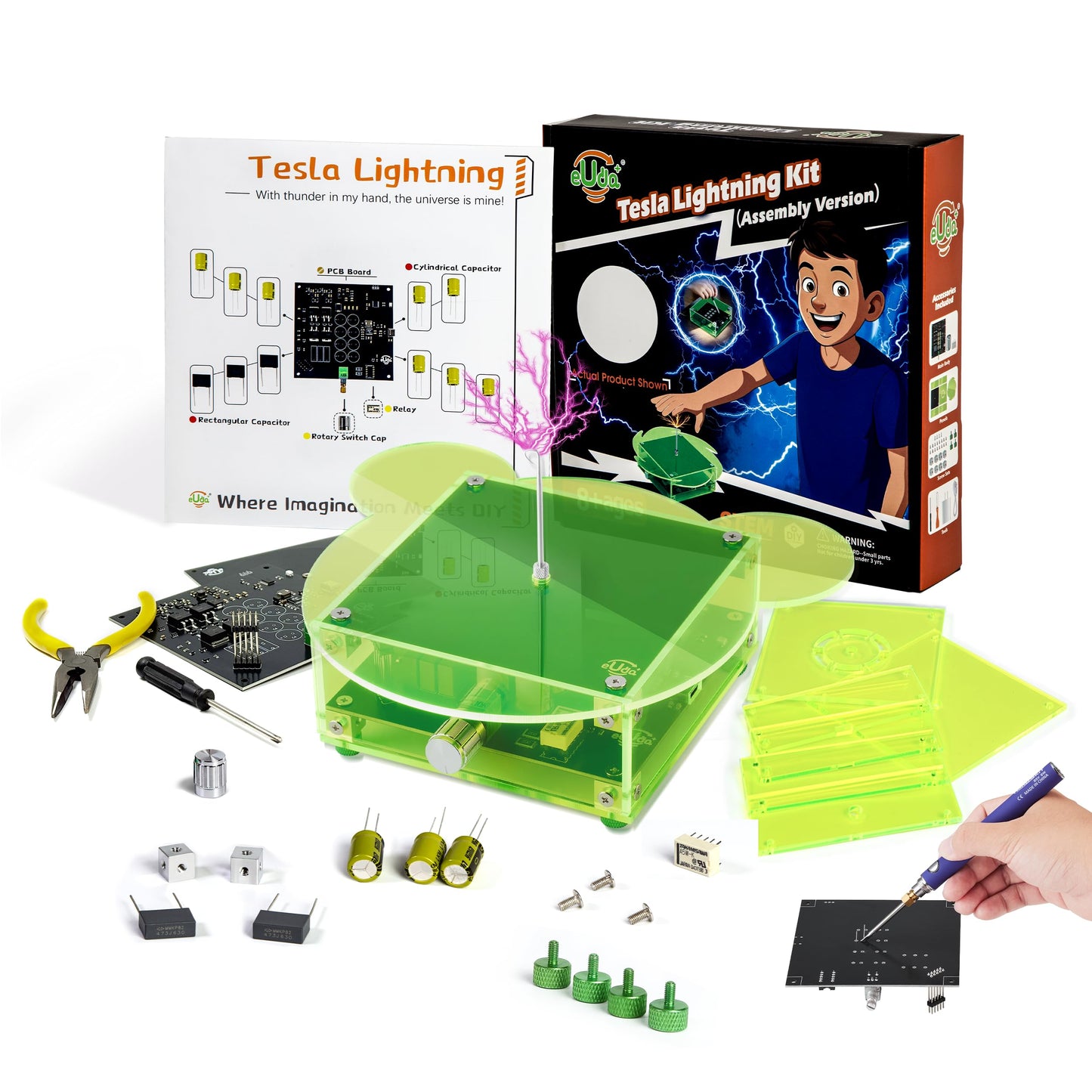 eUda+ STEM Tesla Lightning Kit for Kids&Adults Science Kits for Kids Age 12-14 Electronic Stem Kits for Kids Age 14-16 Toys for Teenage Boys 16-19 Build Your Tesla Coil Kit (Soldering Version, BFG)