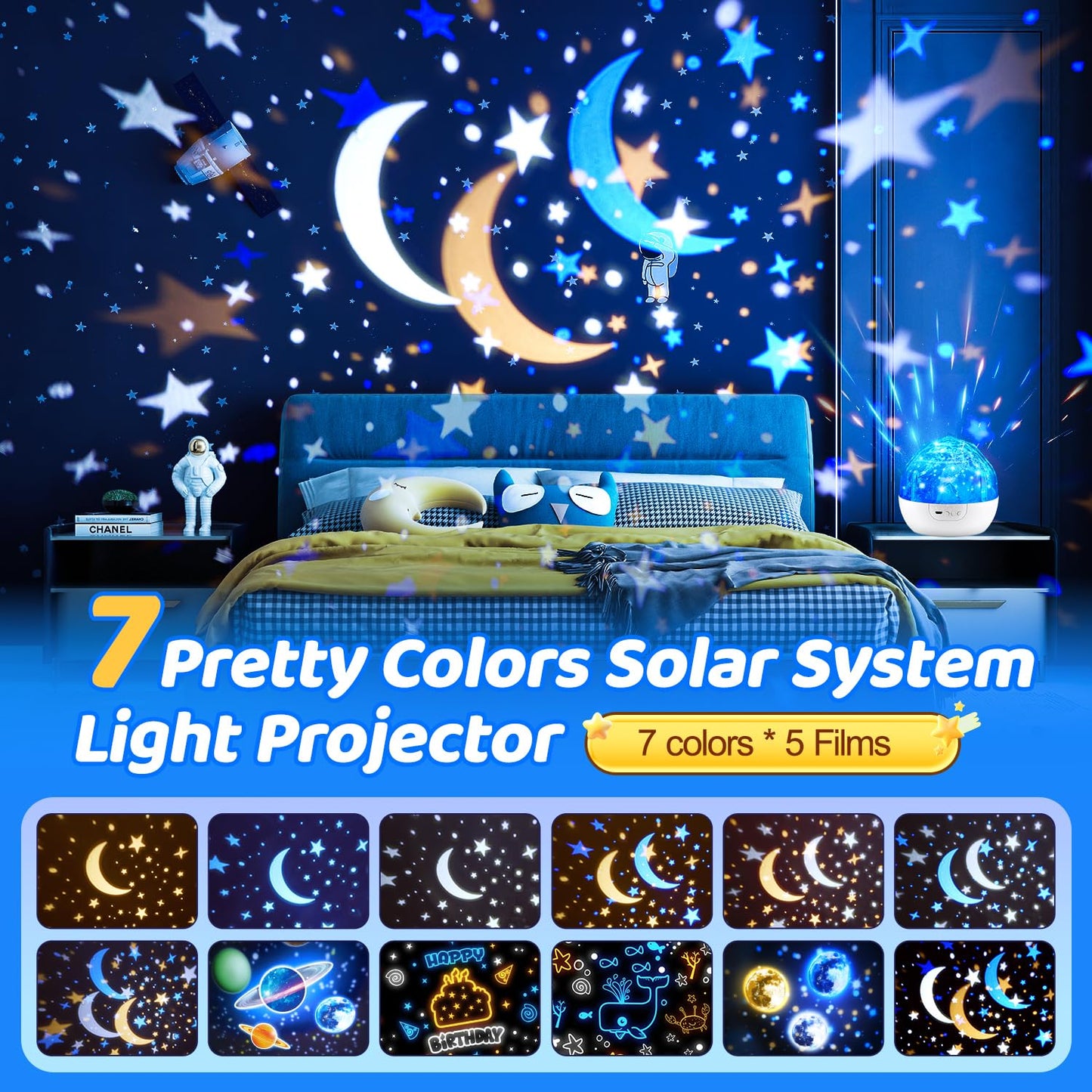 Solar System for Kids Projector Night Light, 360°Rotating+5 Films Planet Space Projector for Bedroom, Bright Night Light for Boys Room, Space Toys for Kids 3-5, Solar System Planet Toys for Boy Gifts