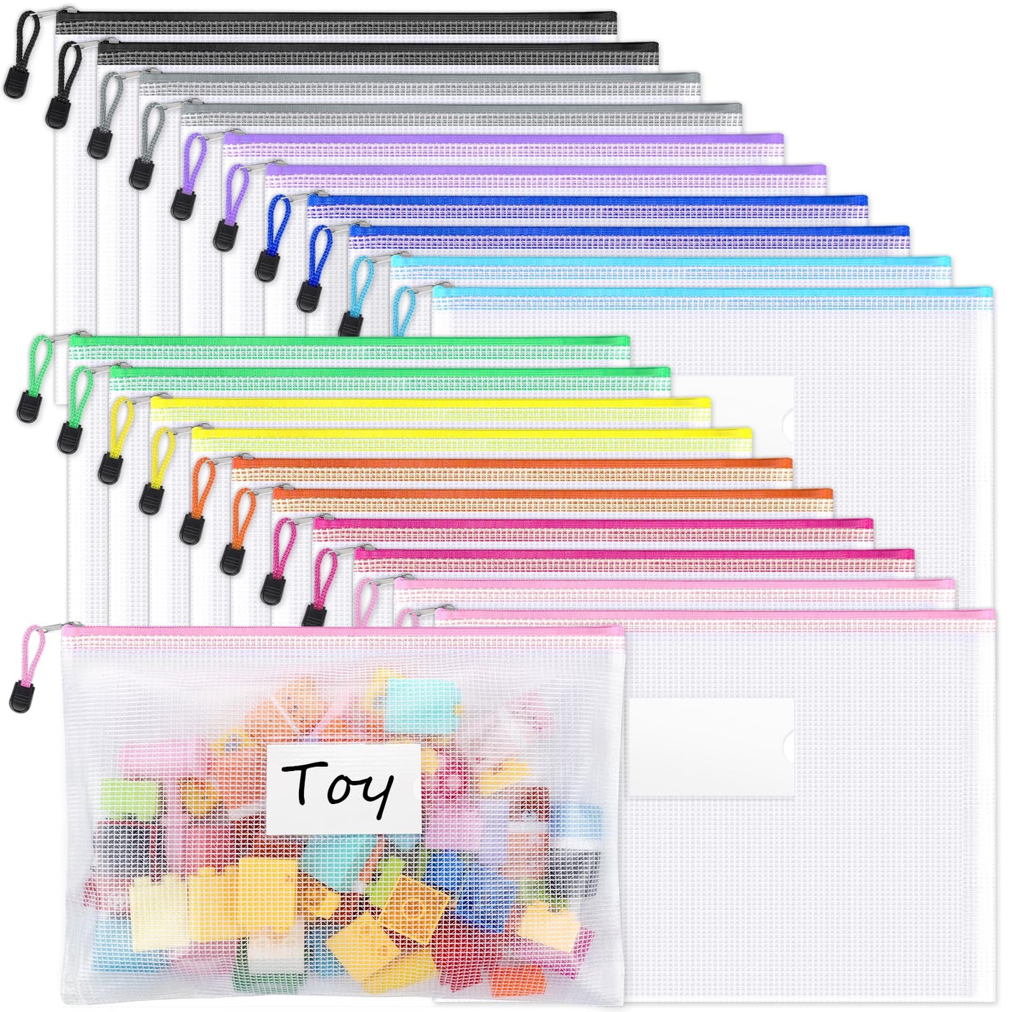 Sooez 20 Pack Mesh Zipper Pouch Bags, A4 Letter Size, Zipper Bags with Label Pocket, Waterproof Bag for Classroom Organizer, School Office Teacher Supplies, Storage Pouches for Board Game Toy Storage