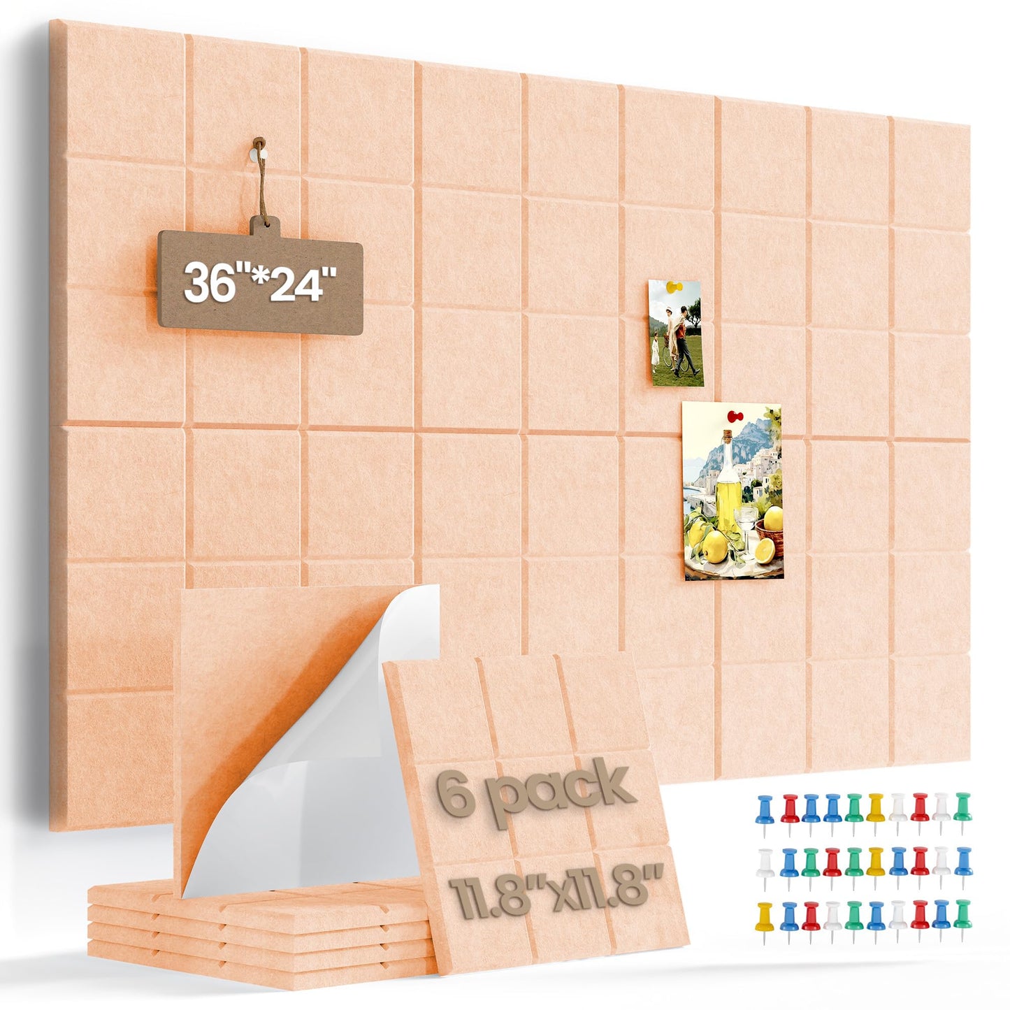 Uoisaiko Large Felt Board Tiles for Wall with 30 Push Pins, 11.8"x11.8" Pack of 6 Pin Board Notice Boards for Home Office Kitchen, Bulletin Board Wall Tiles for Photos Memos (Beige, 6 Pack)