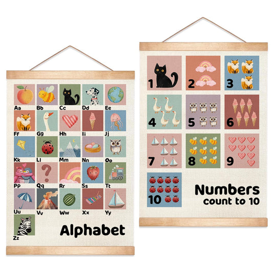 Alphabet and Numbers Learning Posters Set of 2, Educational Wall Art,Canvas Print Wall Hanging Posters, Cute Animal ABC 1-10 Numbers Charts for Nursery Playroom Preschool Classroom Decor, 18.5x14 Inch(Colorful-02)