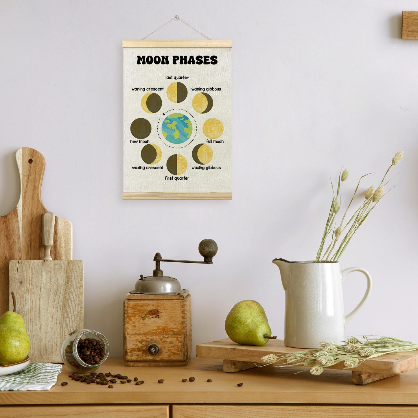 TLESKE Boho Classroom Moon Phases Chart Poster Hanger Frame for Kids, Homeschool Hanging Wall Art Room Decor for Toddlers Nursery Playroom, Preschool Prek Learning Educational Poster Prints, 12x16