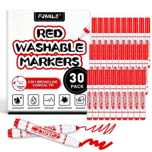 FUMILE 30 Pcs Red Washable Markers Bulk, Markers for Kids,Broad Line Conical Tip Coloring Marker Bulk for Student,Back to School Supplies, Teacher Classroom Must Haves & Essentials
