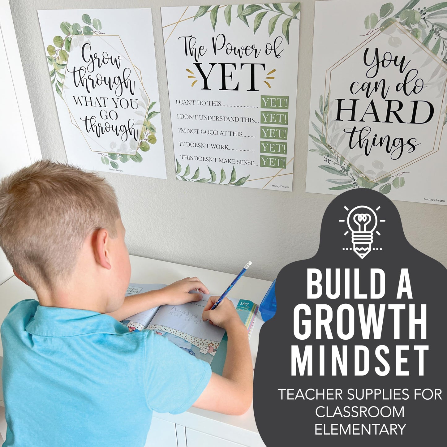 Hadley Designs Motivational Poster for Classroom Decor - 9 Growth Mindset Classroom Posters Elementary, Inspirational Wall Decor Middle School, Teacher Must Haves, Greenery Bulletin Board Decorations