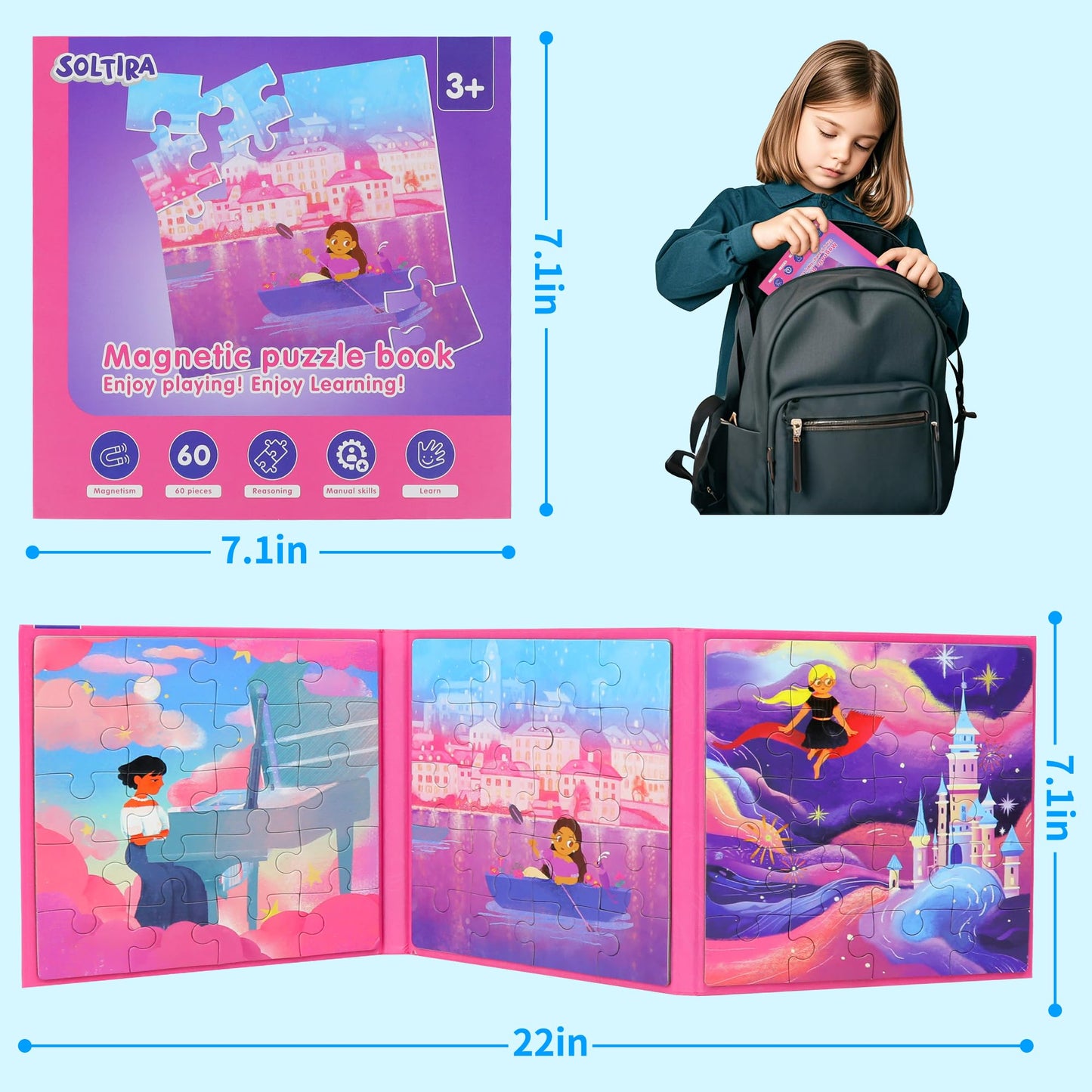Magnetic Puzzles for Toddlers 3-5 60PCS 3 Princess Themes Puzzle Magnetic Puzzles for Girls 4-6 Travel Puzzles or Airplane/Car/Road Trip Gift Toys for Girls 4-8 Years Old