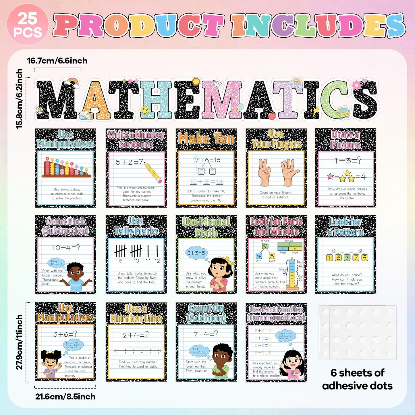 25Pcs Mathematics Strategy Posters Composition Notebook Classroom Decor Educational Math Posters Math Manipulatives Wall Art for Back to School Classroom Bulletin Board Decorations Teacher Supplies
