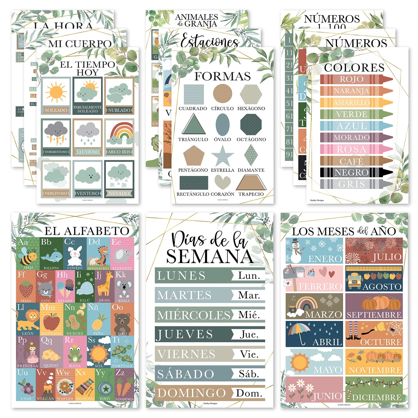 Hadley Designs Spanish Posters for Classroom - 12 Bilingual Educational Posters for Spanish Classroom Decorations Must Haves, Calendario y Alfabeto en Español Para la Pared, Greenery Teacher Supplies