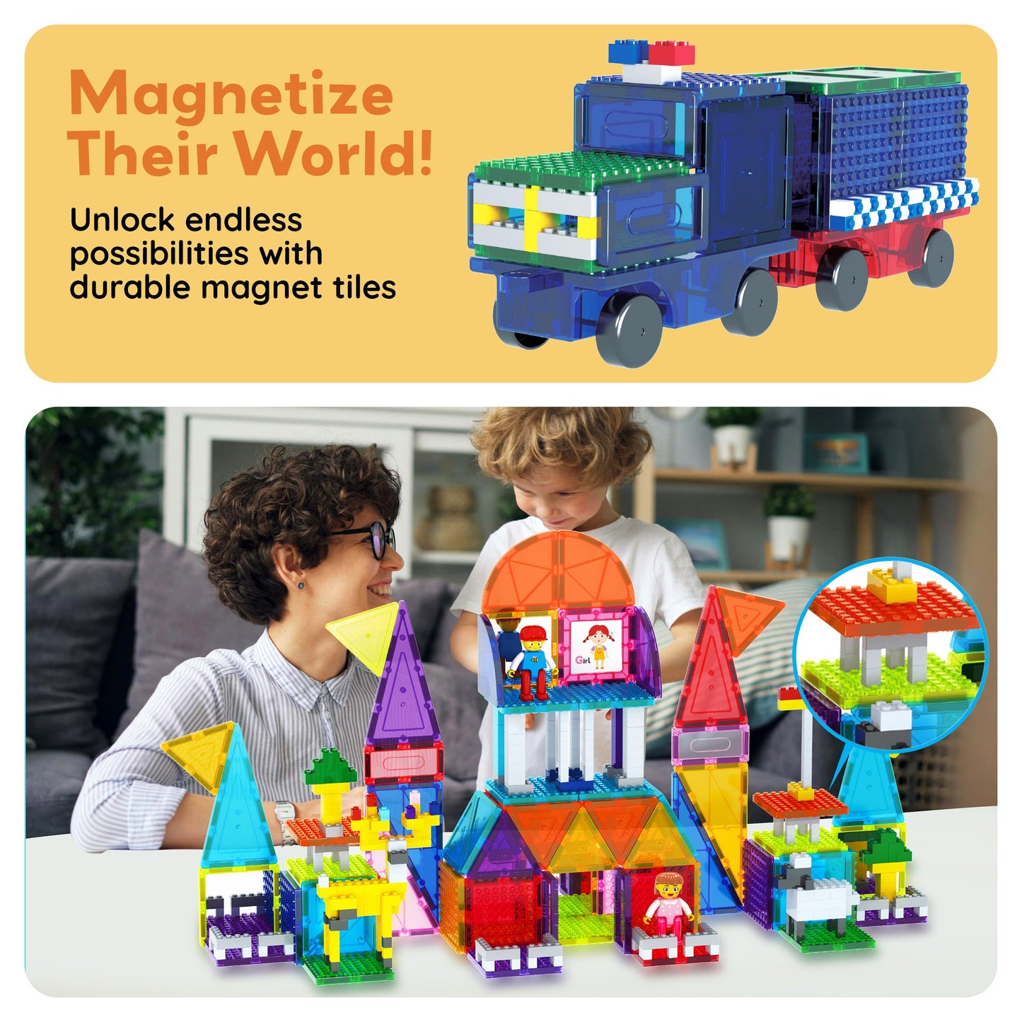 PicassoTiles Magnetic Building Blocks Brick Tiles STEM Creative Magnet Tiles Add Ons Set Construction Toy Socket Spikes Accessory Toys Educational Imaginative Learning Kit Stacking Set Toddlers Colors