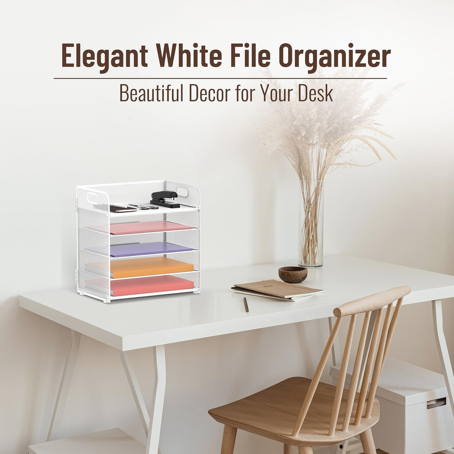 2 Pack 5-Tier White Desk Organizer with Handle Mesh Desk File/Paper Organizer Letter Tray for Office, School and Home Easy Installation