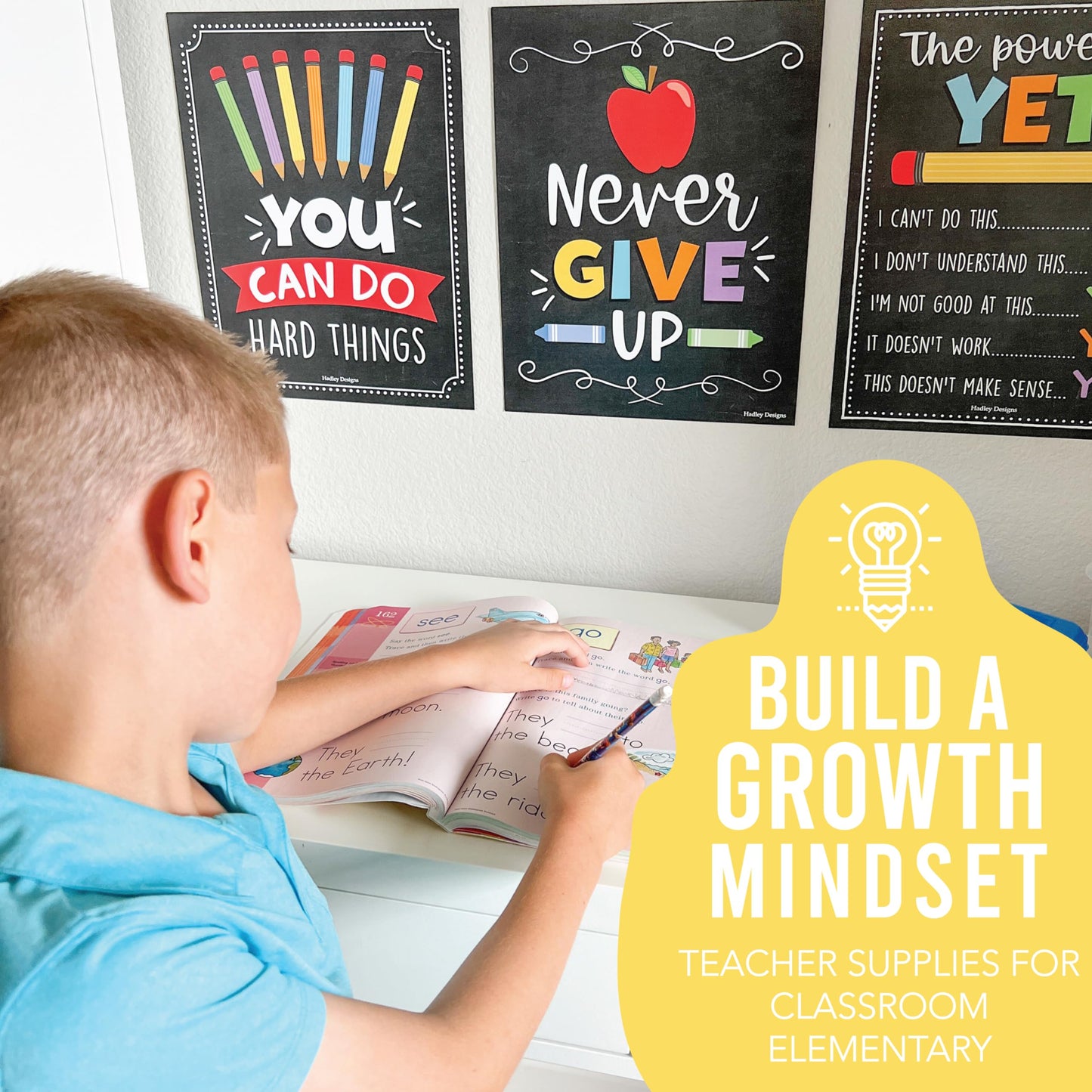 Hadley Designs Motivational Poster for Classroom Decor - 9 Growth Mindset Classroom Posters Elementary, Inspirational Wall Decor Middle School, Teacher Must Have, Chalkboard Bulletin Board Decorations