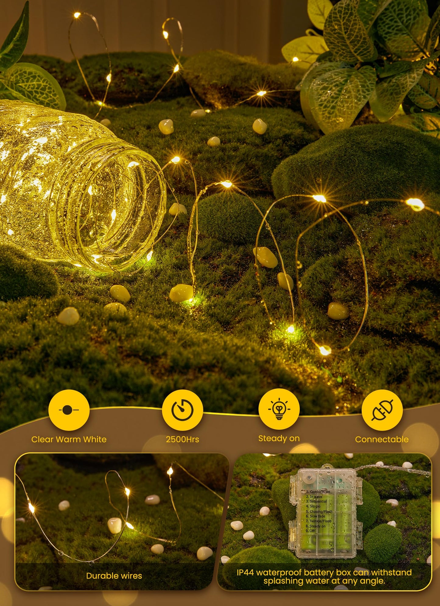 Minetom 33Ft 100 LED Outdoor String Lights, Warm White, Battery Operated, Waterproof Fairy Lights for Indoor/Outdoor Decoration