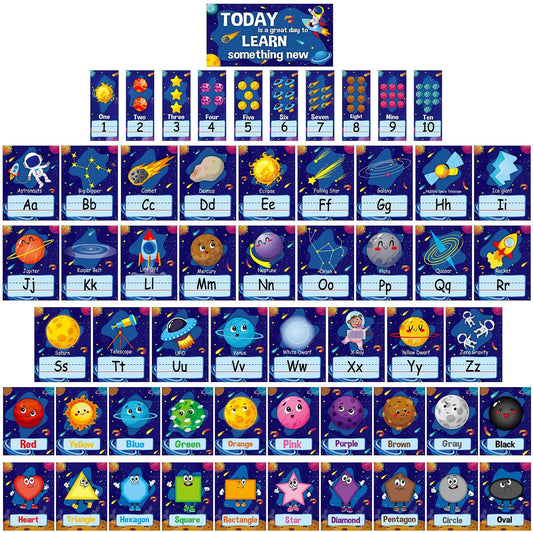 57PCS Outer Space Alphabet Number Bulletin Board Classroom wall Space Letters Colors Shapes Poster Space ABC Number Lines Galaxy Educational Learning Cards for Teacher Preschool Kindergarten Decor