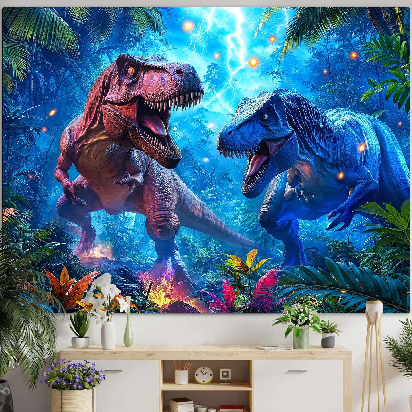 Spenlife Thunder Dinosaur Showdown Wall Tapestry, Fantasy Dino Battle Tapestries for Room Decor, Prehistoric Tapestry 60x44 Inch