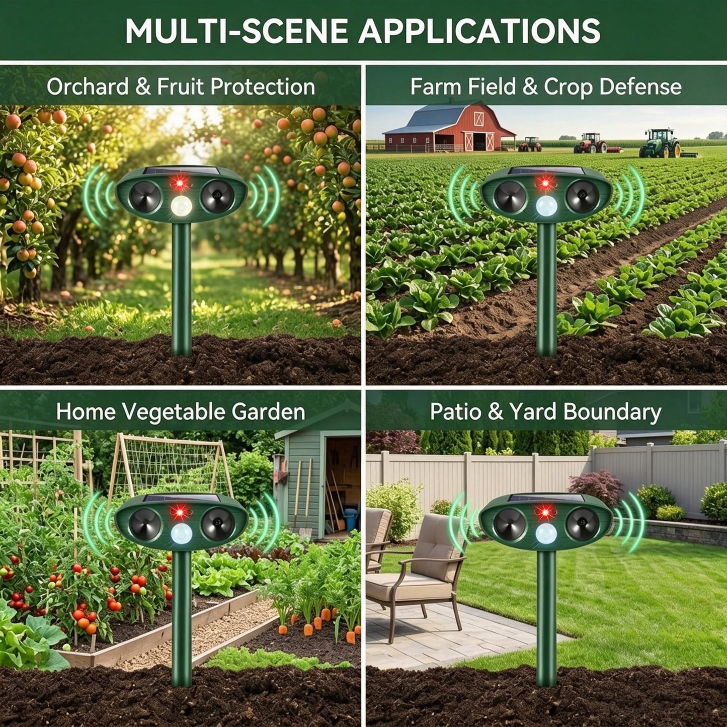 4Pack Upgraded Sonic Fortress Pro Deer Repellent Devices Solar Animal Repellent Ultrasonic Outdoor with Motion Activated for Squirrel Raccoon Rabbit Fox Cat Deterrent for Garden Yard Lawn Protection