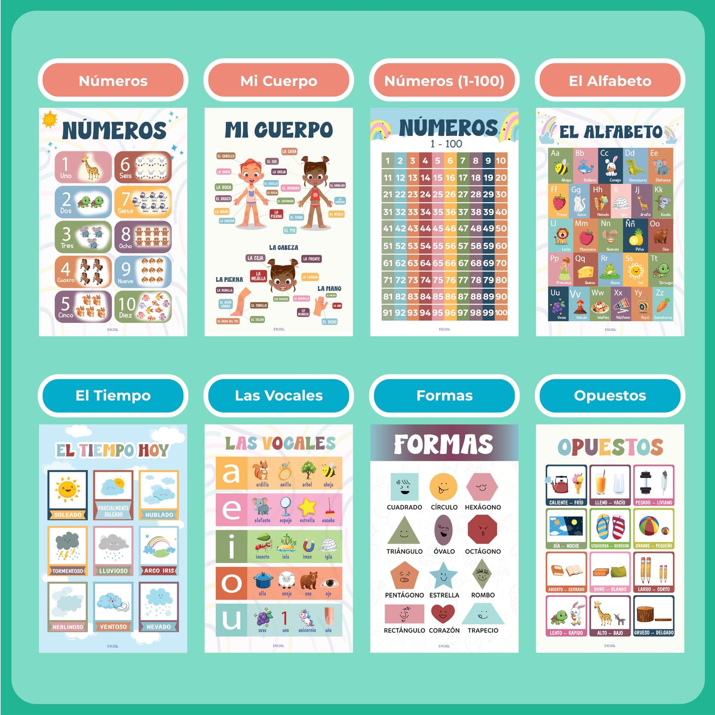 EXCOOL CLUB 16 Spanish Classroom Posters For Elementary - Colorful Bilingual Educational Posters For Toddlers 1-3, Laminated Learning Poster Preschool Must Haves, Abecedario Para Niños En Español