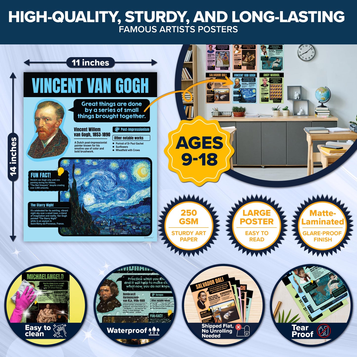 Decorably 15 Famous Art Posters, 11x14in Matte-Laminated Educational Art Posters for Classroom Famous Artists - Classrooms, School Hallways, Bulletin Boards, Education Centers, Home Study Room