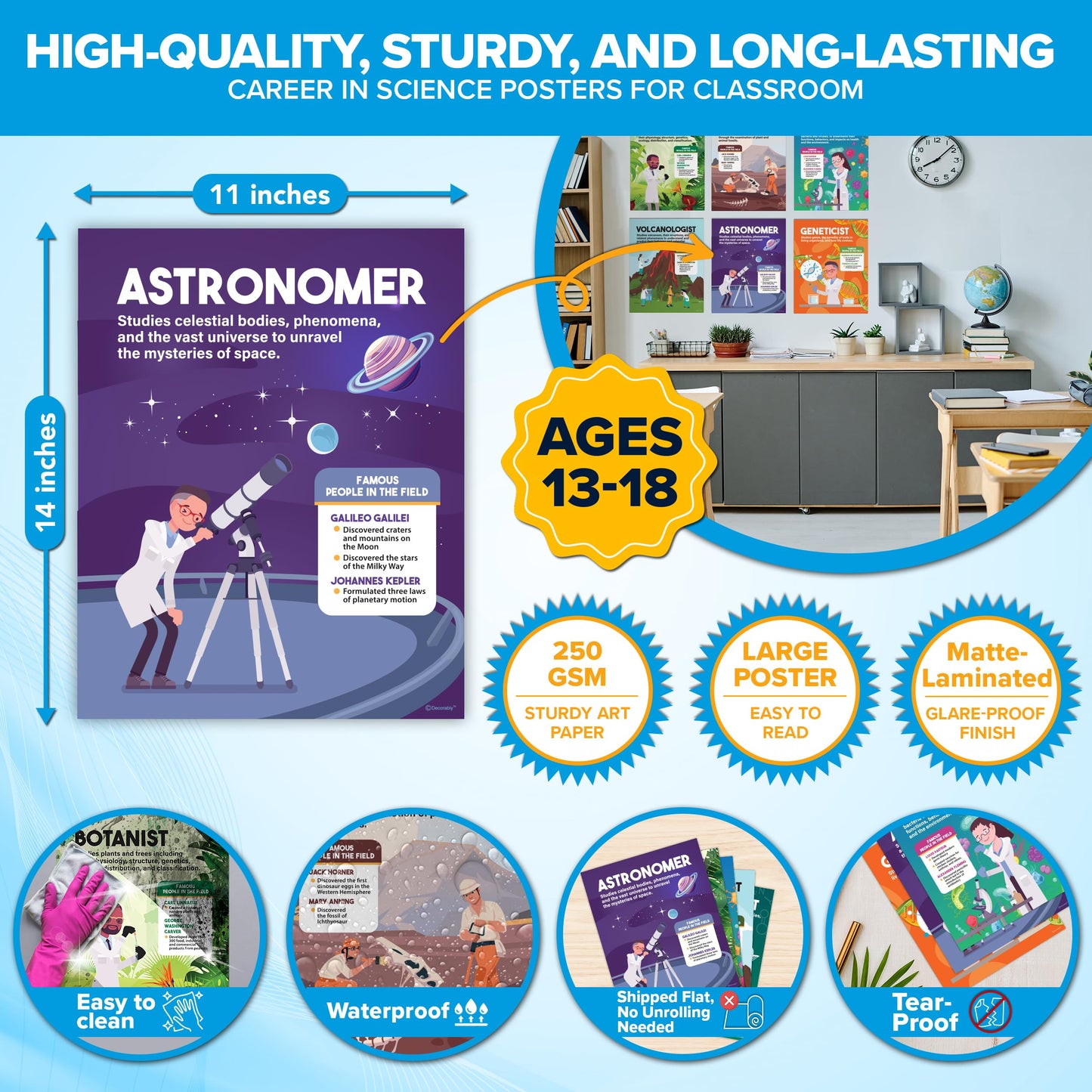 Decorably 16 Career in Science Posters for Classroom Middle School, 11x14in Matte-Laminated Educational School Decor - Hallways, Bulletin Boards, Home Study Room