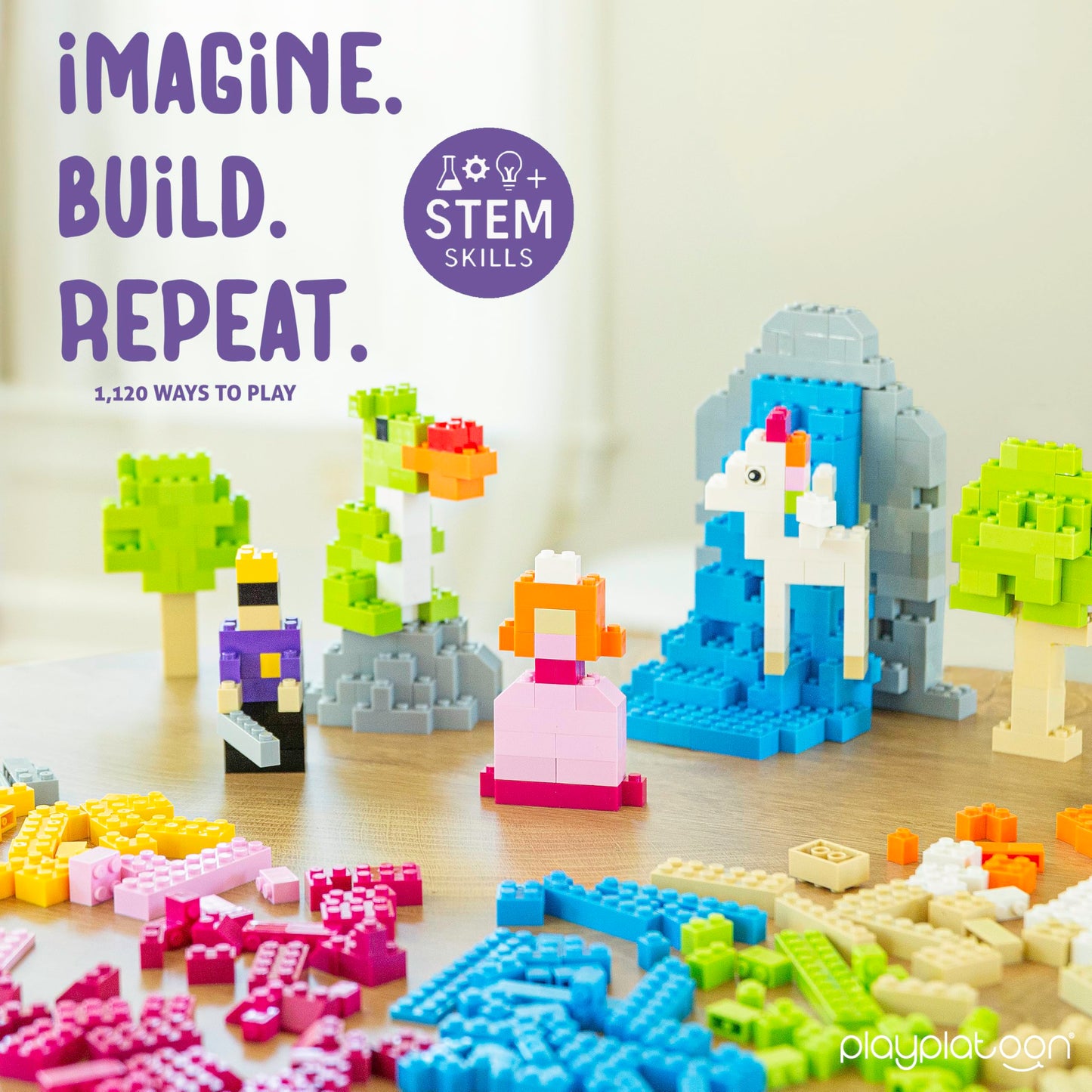 Play Platoon 1100 Piece Building Bricks Play Set, 10 Pastel Colors Bricks, Includes Wheels, Tires, Axles, Windows & Door Pieces