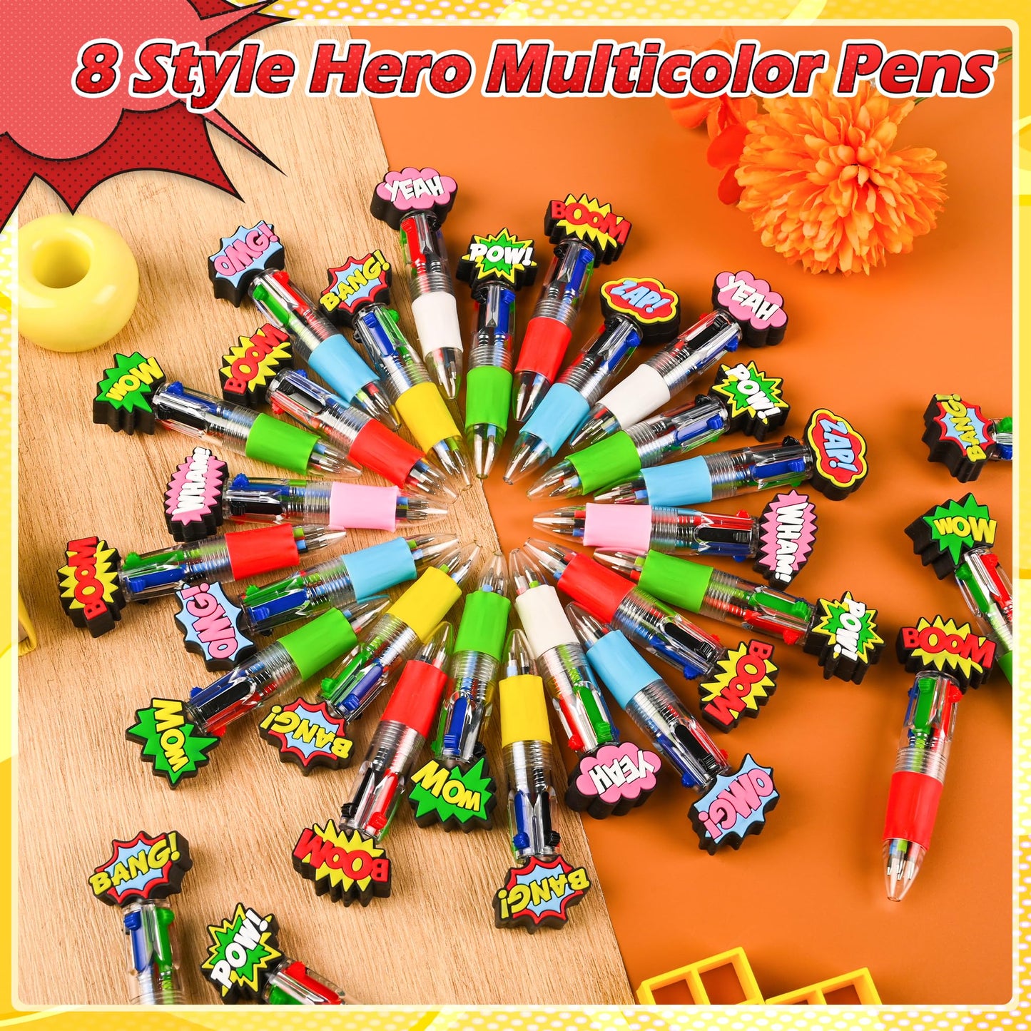LiYiQ 25 Pcs Hero Theme Multicolor Pen in One Cartoon Cute Fun 4-in-1 Cute Pens Bulk Kawaii Hero Theme Boom Wow Pow Conversation Cool Ballpoint Pens for Fun Gifts
