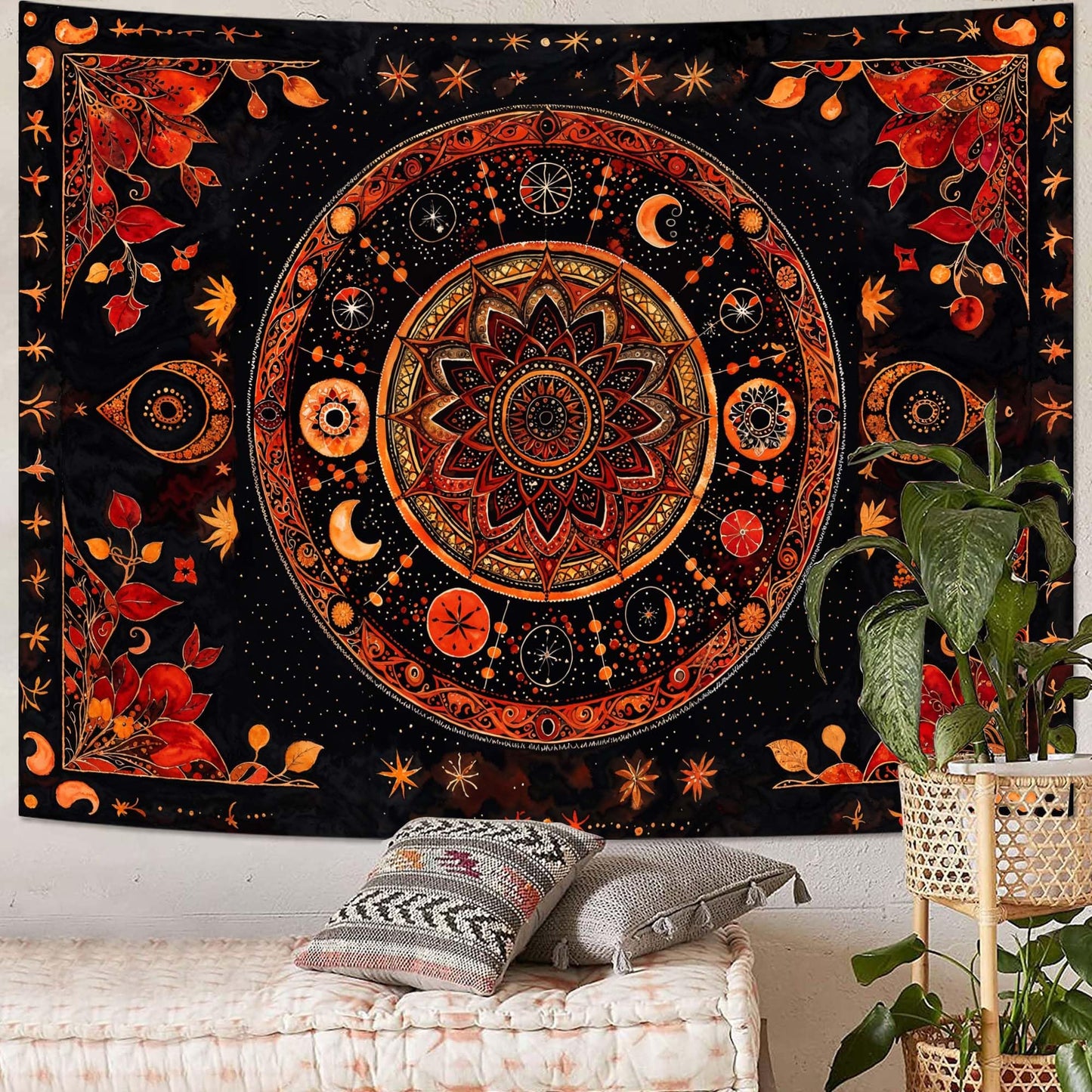 Lunerfex Mandala Moon and Stars Tapestry Boho Tapestry for Bedroom Black and Orange Tapestries Wall Hanging Living Room Wall Art and Home Decor 70x90