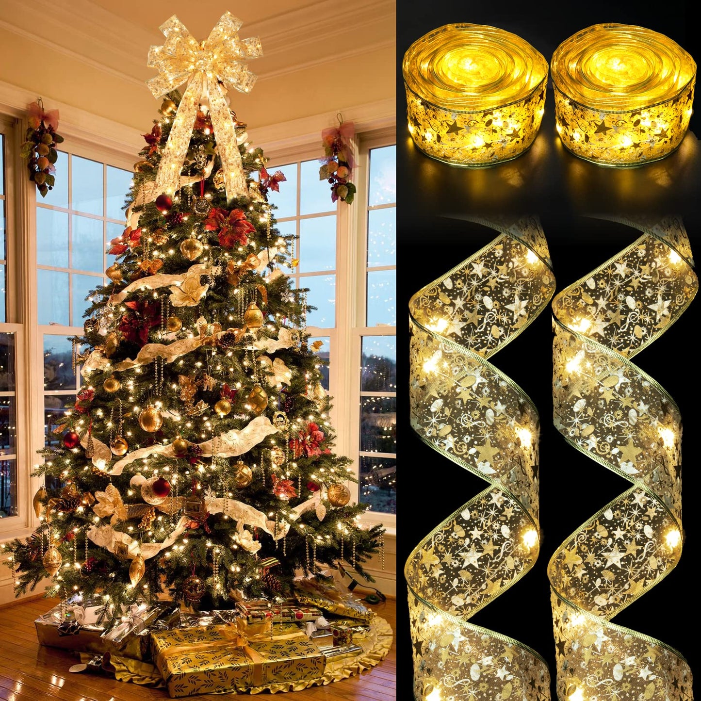 CandyHome Christmas Tree Ribbon Lights, 40ft 120 LED, Battery Operated, 2 Pack, Gold, Model DEC-181-1, Copper Wire + Fabric