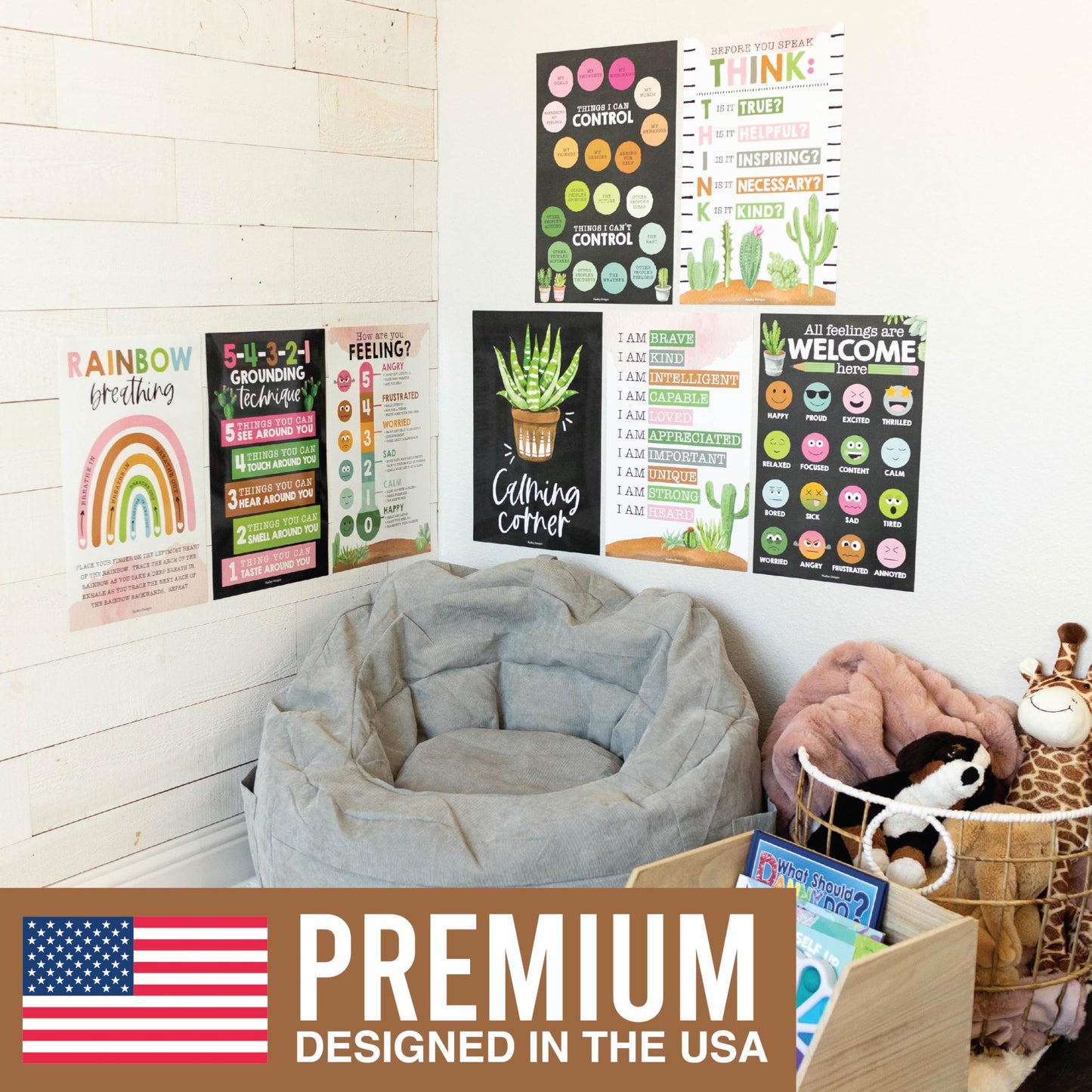 Hadley Designs 8 Calming Corner Posters for Classroom Must Haves -Calm Down Corner Supplies with Emotions Chart,School Counselor Mental Health Poster,Feelings Chart For Kids, Farmhouse Classroom Decor
