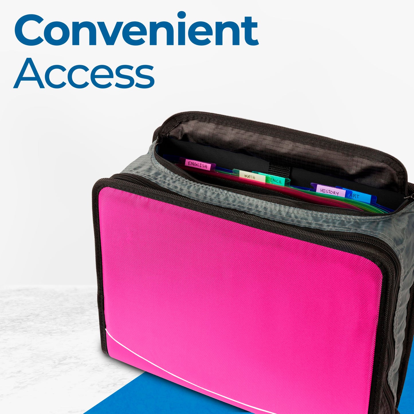 Case-it Mighty Zip Tab School Zipper Binder | 3-Inch O-Rings, 600-Sheet Capacity, 5-Subject Expanding File Folder, Multiple Pockets & Storage Organizer, Shoulder Strap | D-146 Magenta